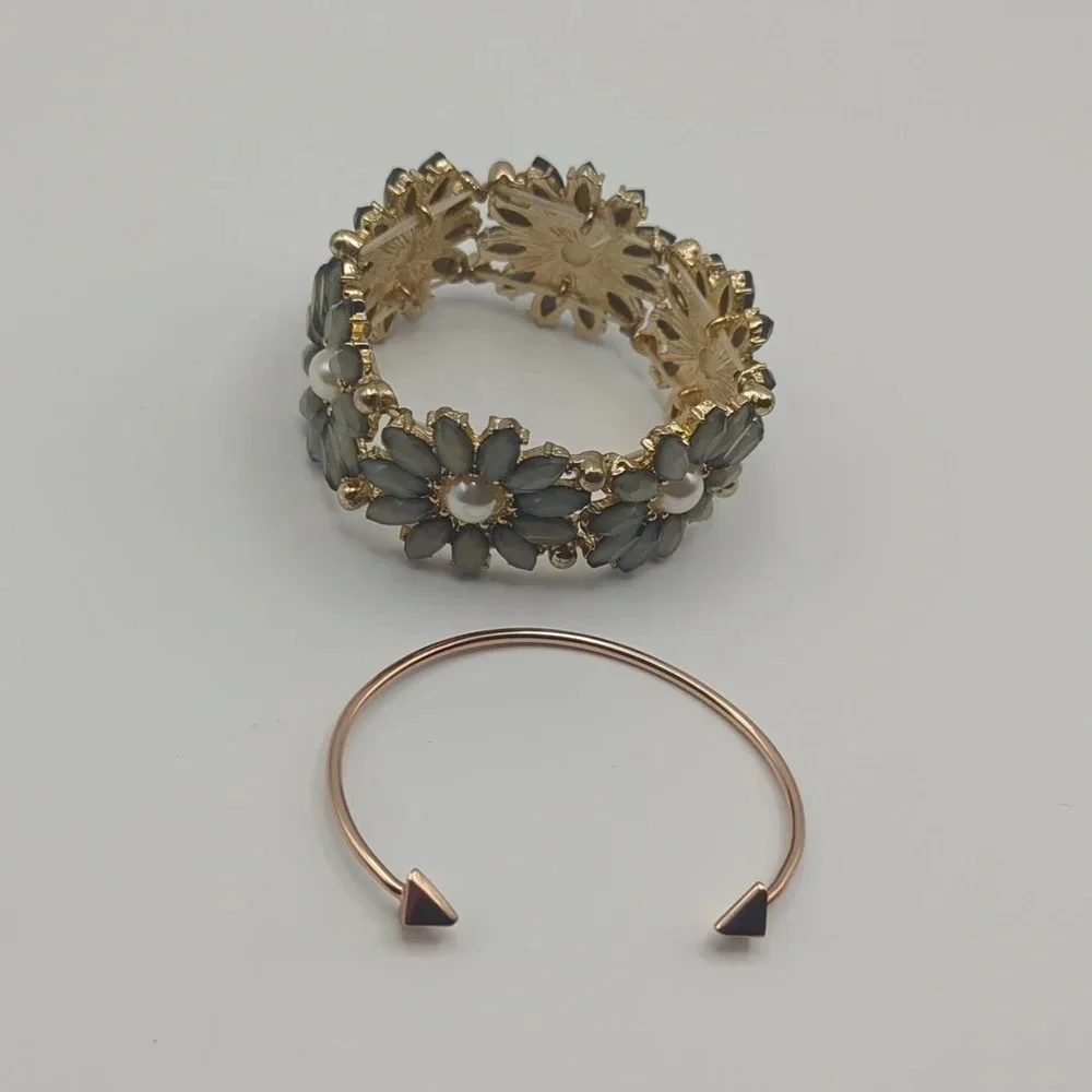 Costume Jewelry Beaded Flower Cuff and Gold Plated Arrow Cuff Set